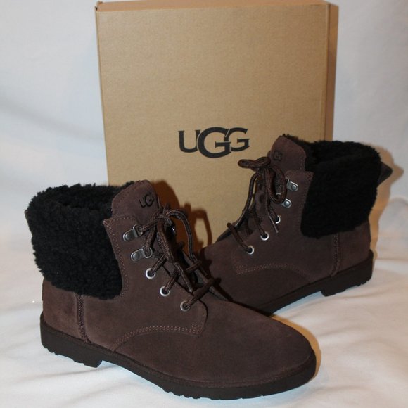 NEW UGG WOMEN'S ROMELY‎ SUEDE SHEARLING CUFF LINED ANKLE BOOTS - Picture 1 of 8